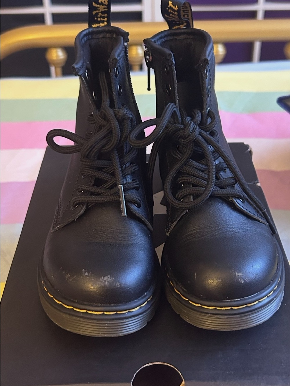 Dr. Martens Kids Black Lace-Up Ankle Boots with Yellow Stitching - Picture 4 of 5